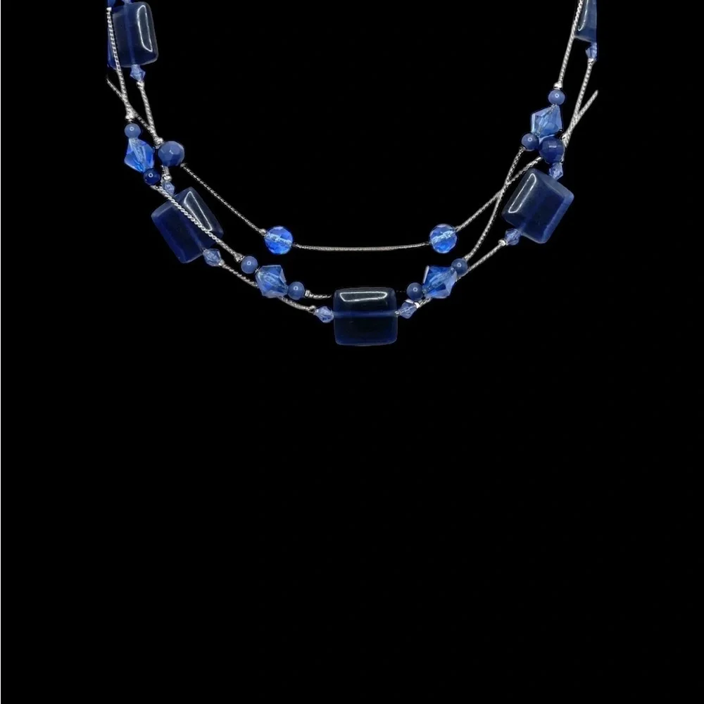New~ Lia Sophia Cobalt Blue Art Glass Crystal Layered Illusion Necklace Retired
